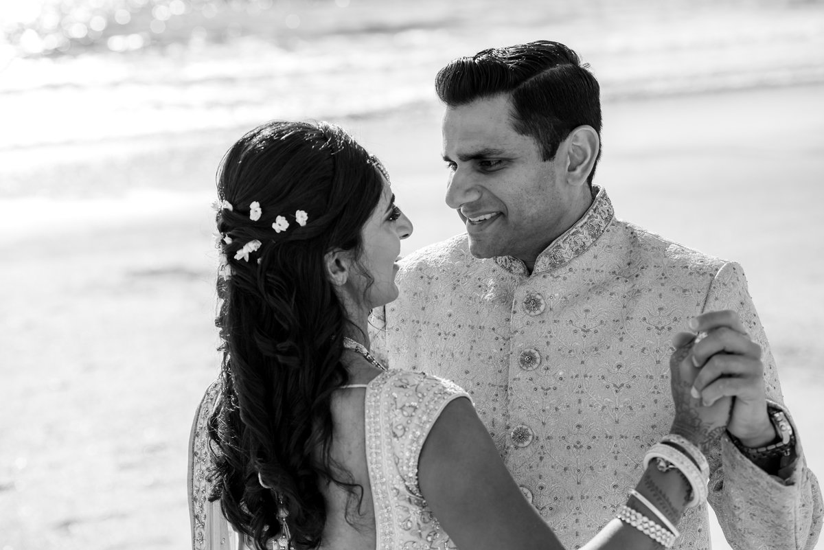 Indian wedding couple portraits at golden hour on the beach, Amelia Island